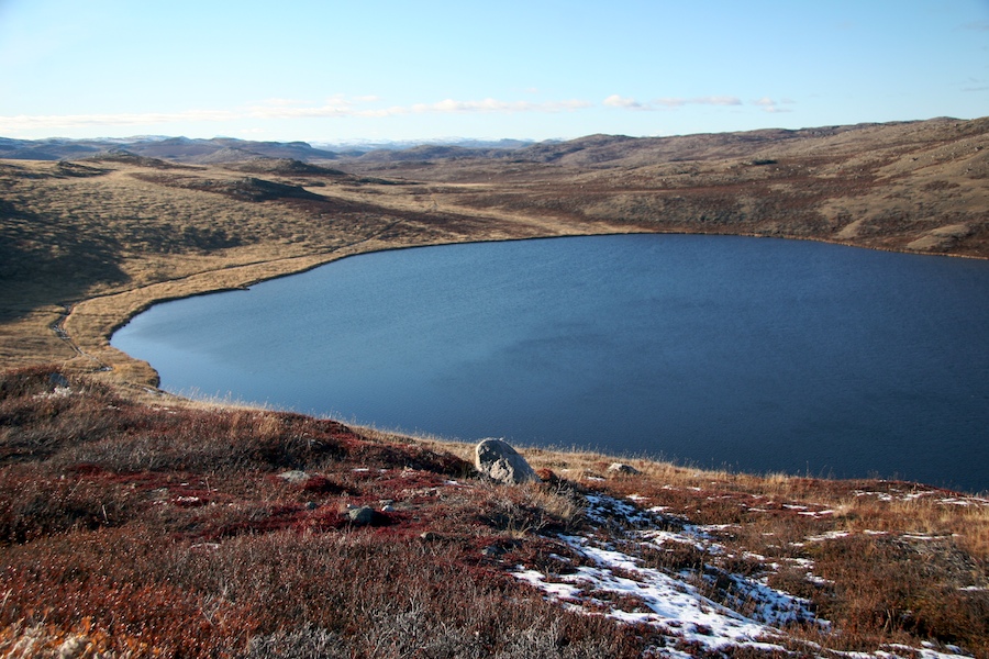 The arctic highlands near Kangerlussuaq are perforated with lakes of various sizes and shapes that were left behind by receding glaciers.
